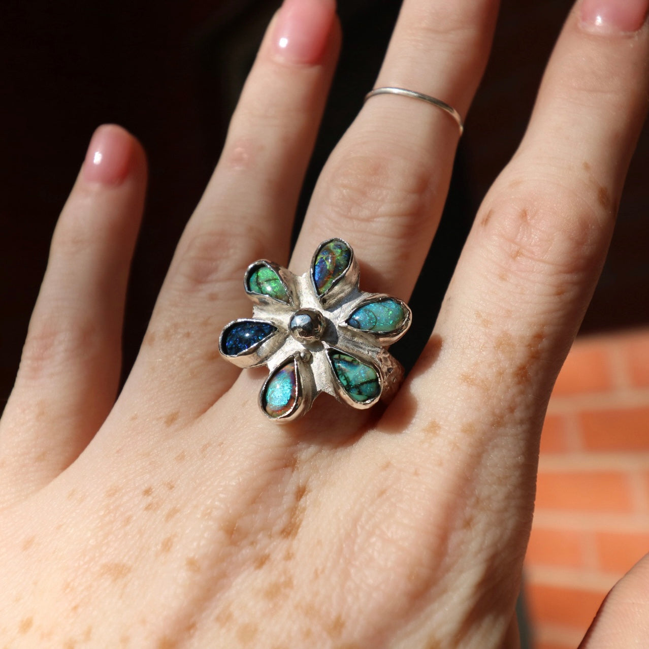 Sterling Opal Flower Ring, 8