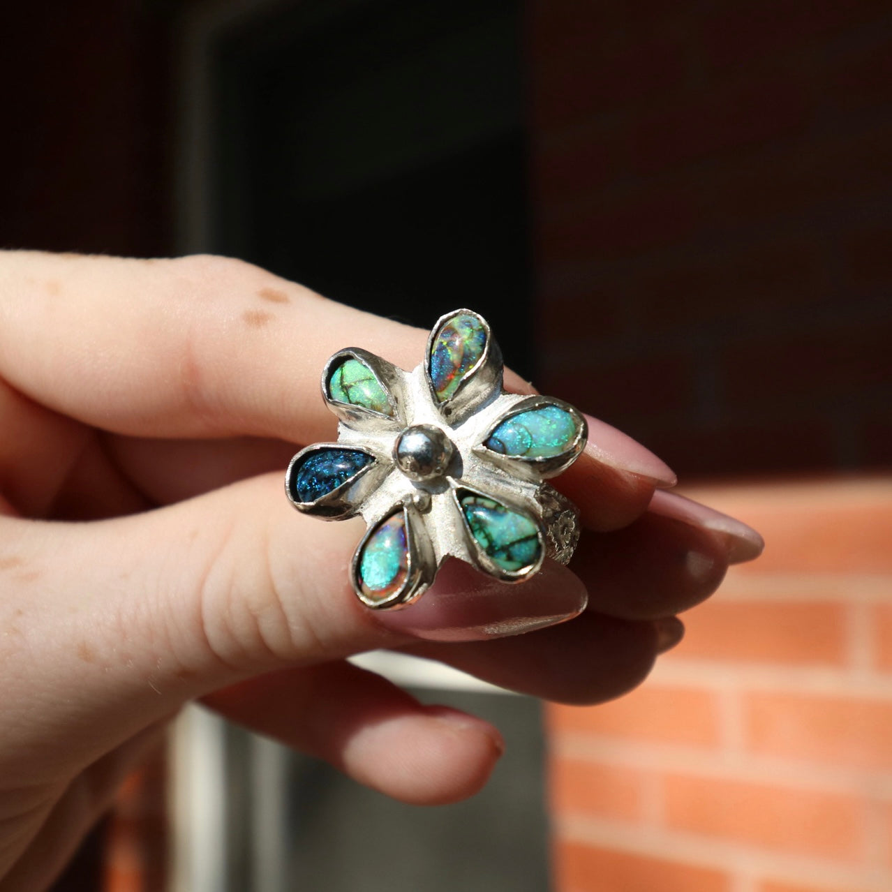 Sterling Opal Flower Ring, 8